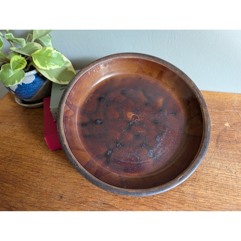 Vintage Handcrafted Ceramic Shallow Bowl Rustic Brown Mottled Wood Catchall Tray
